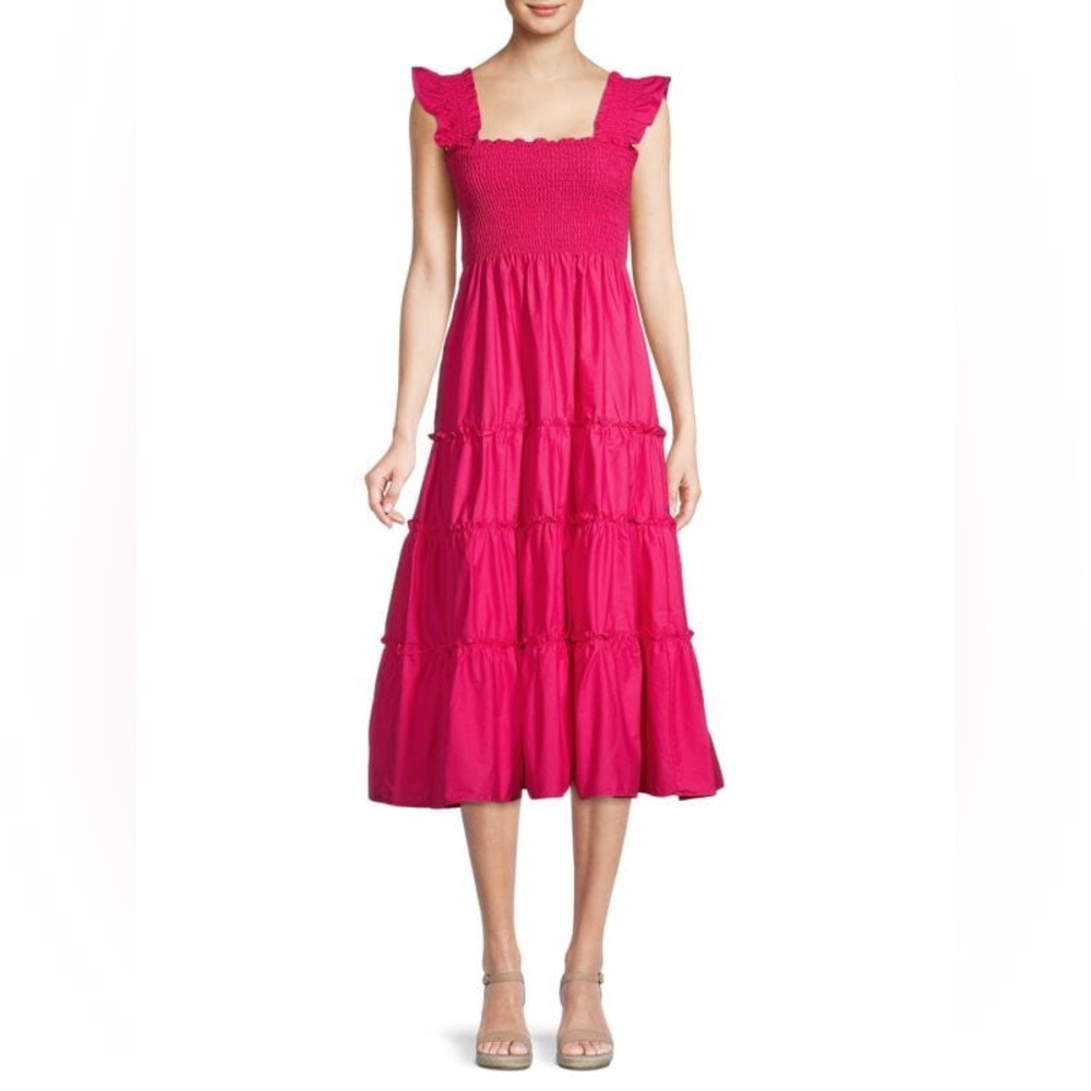 Smocked Tiered Midi Dress in Fuchsia Pink